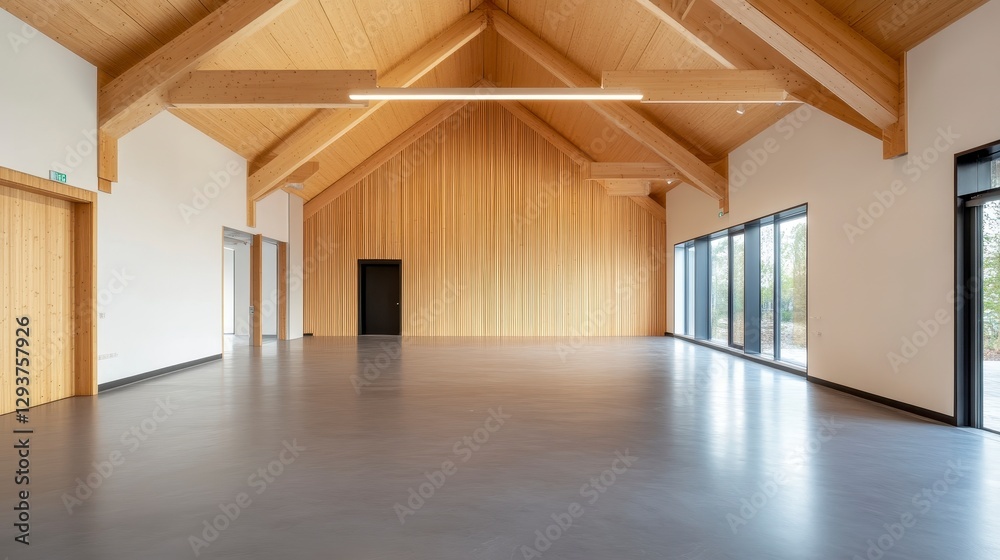 Obraz premium Spacious Modern Interior with Exposed Wooden Beams and Natural Light