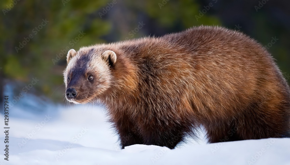 Adult North American Wolverine Standing on Snow in Canada, Majestic Wildlife Embracing the Frosty Landscape with Confidence and Grace Adult North American Wolverine Standing on Snow in Canada, Majestic Wildlife Embracing the Frosty Landscape with Confidence and Grace