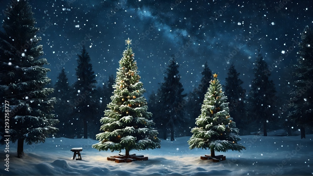 Obraz premium Snowy Christmas night with tree and snowman