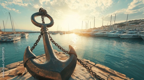 Sunset over marina with anchored boat.