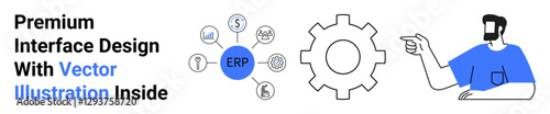 ERP hub with icons thumbs up user, money, and analysis. Male professional guiding process, and gear mechanism. Ideal for business, technology, integration, education analytics software flat