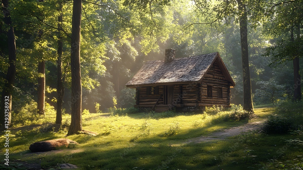 Rustic wooden cabin in the woods features realistic log walls and a thatched roof amid trees, bathed in sunlight filtering through, shown in a wide shot from the front, cozy and rustic. Rustic wooden cabin in the woods features realistic log walls and a thatched roof amid trees, bathed in sunlight filtering through, shown in a wide shot from the front, cozy and rustic.