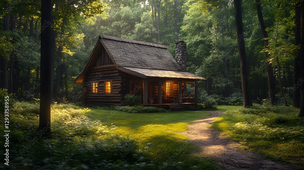 Rustic wooden cabin in the woods features realistic log walls and a thatched roof amid trees, bathed in sunlight filtering through, shown in a wide shot from the front, cozy and rustic. Rustic wooden cabin in the woods features realistic log walls and a thatched roof amid trees, bathed in sunlight filtering through, shown in a wide shot from the front, cozy and rustic.