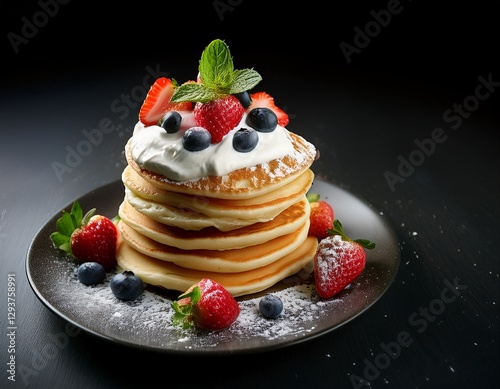 Fotografía de estudio profesional de panqueques con nata encima y frutas de temporada. Tiene una textura suave y esponjosa, asimétrica., estilo ultrarrealista, realista, 4k photo