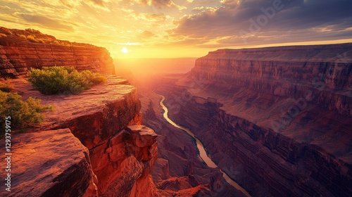 Sunset at the Grand Canyon: Warm orange hues envelop rugged cliffs in a mesmerizing dance of light, creating an ethereal glow against deep brown walls photo