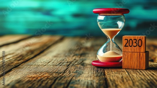 Red Hourglass and 2030 Blocks on Rustic Wood