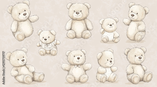 A charming collection of illustrated teddy bears, designed in a soft and sketchy hand-drawn style, each bear slightly unique with different expressions and cozy clothing