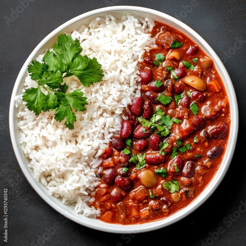 Overhead Shot of Kidney Bean Curry with Rice, Cilantro Garnish, Indian Food Recipe, Bowl Composition Indian Cuisine, Rajma Masala