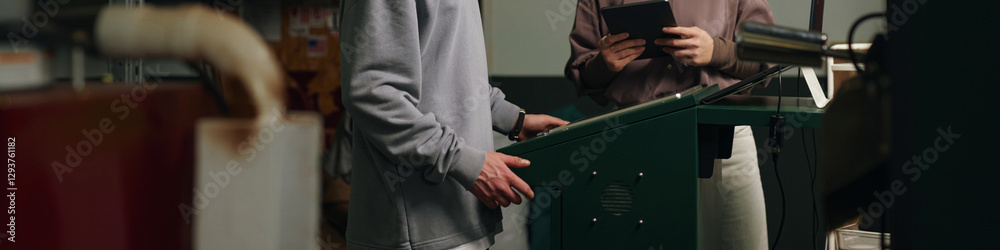 Website banner of unrecognizable coworkers launching roaster coffee machine at factory