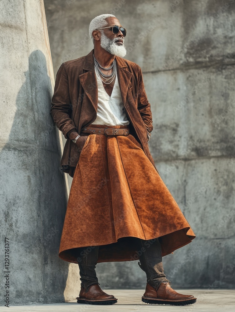 Contemporary Fashion: An Elderly Man in a Brown Suede Skirt and Jacket, Perfect for Lifestyle Editorials. Contemporary Fashion: An Elderly Man in a Brown Suede Skirt and Jacket, Perfect for Lifestyle Editorials.