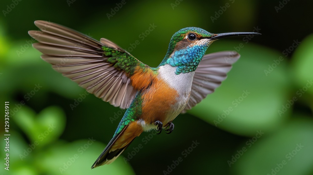 Obraz premium A vibrant hummingbird in flight, showcasing its iridescent plumage against a soft green background. Its wings are a blur of motion, capturing a fleeting moment of natural beauty.