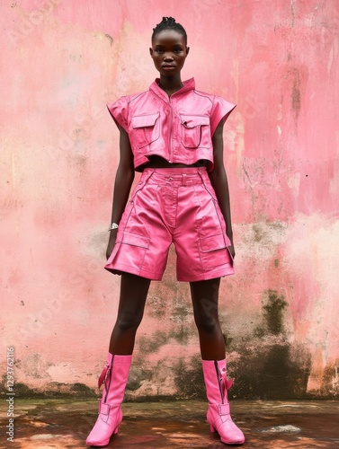 Bold Fashion Statement: Edgy pink leather outfit against a vibrant pink backdrop, perfect for editorial or promotional use.