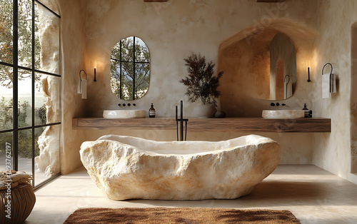 Luxurious Sustainable Bathroom with Stone Bathtub and Eco-Friendly Design  
