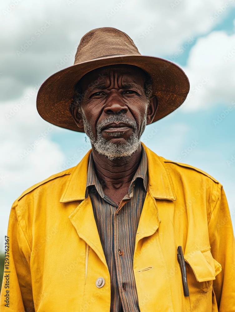 Fototapeta premium Portrait of a Stylish Elderly Man in a Yellow Jacket and Hat, Capturing Fashion and Character Against a Scenic Sky