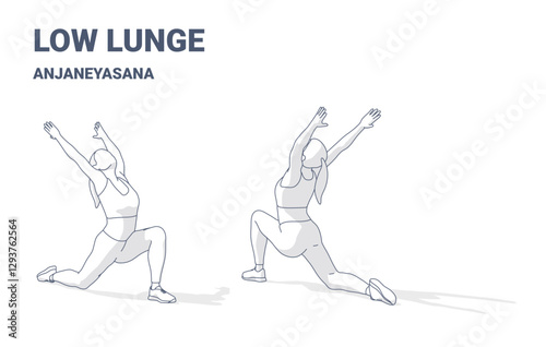 Low Lunge Pose Anjaneyasana Step-by-Step Guide Black and White Illustration