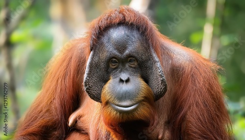 Orangutan in Tanjung Puting National Park, Majestic Red Ape among the Emerald Trees of Borneo at Dusk, Moment Captured with Striking Clarity and Rich Detail.