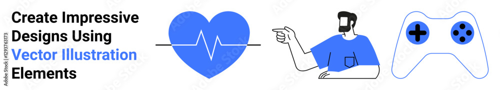 Heart symbol with pulse line, person pointing, gaming controller in minimal design. Ideal for healthcare, creativity, gaming, media, presentation, communication flat landing page banner Heart symbol with pulse line, person pointing, gaming controller in minimal design. Ideal for healthcare, creativity, gaming, media, presentation, communication flat landing page banner