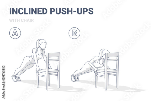 Inclined Push-Ups with Chair Step-by-Step Exercise Guide Black and White Illustration