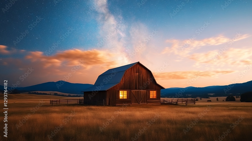 Rustic Wooden Barn at Sunset Under a Starry Night Sky