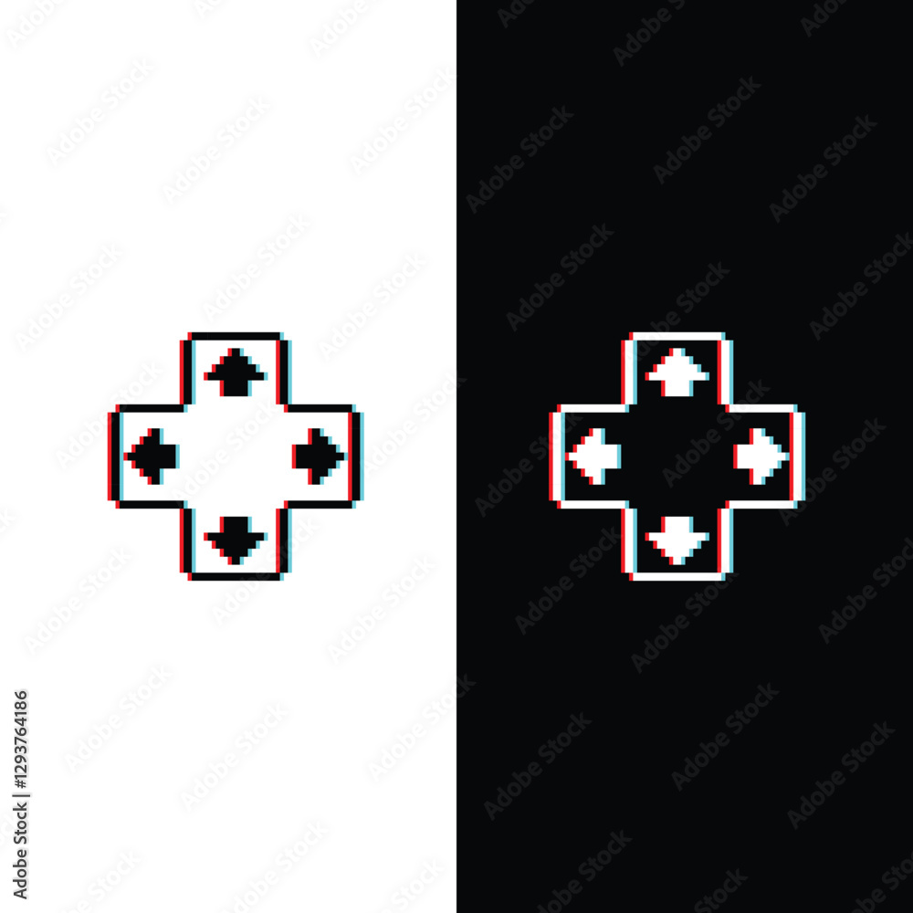 Fototapeta premium glitch effect pixel Four arrow from the center icon. Vector pixel art arrows 8 bit logo for game digital navigation
