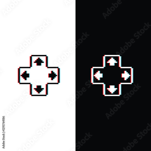 glitch effect 
pixel Four arrow from the center icon.  Vector pixel art arrows 8 bit logo for game digital navigation