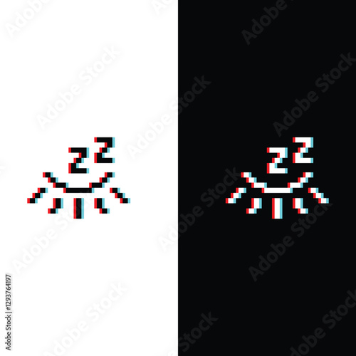 glitch effect pixel eye closed sleep zzz icon 8 bit, pixel art sleepy icon  for game  logo. 