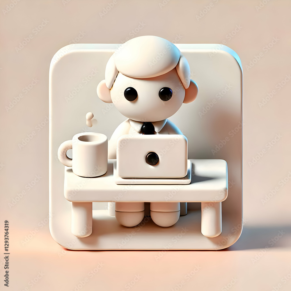 A 3D minimalist cute icon of a businessman typing on a laptop, with a white background and flat pastel color tones. A 3D minimalist cute icon of a businessman typing on a laptop, with a white background and flat pastel color tones.