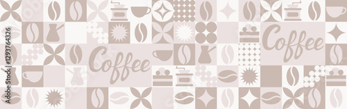 Coffee seamless background for textile and wallpaper with geometric shapes and coffee beans. Fashionable splash template with a cup in brown and green tones.