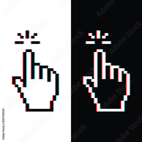 glitch effect pixel hand icon.  Vector pixel art cursor click 8 bit logo for game