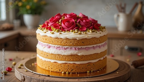 Wallpaper Mural Elegant Rose Pistachio Cake with Creamy Layers on a Golden Cake Board. Torontodigital.ca
