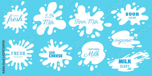 Milk splash labels set. Milk product lettering labels. Yogurt splash drops, natural cheese and fresh milk emblem silhouette Vector illustration