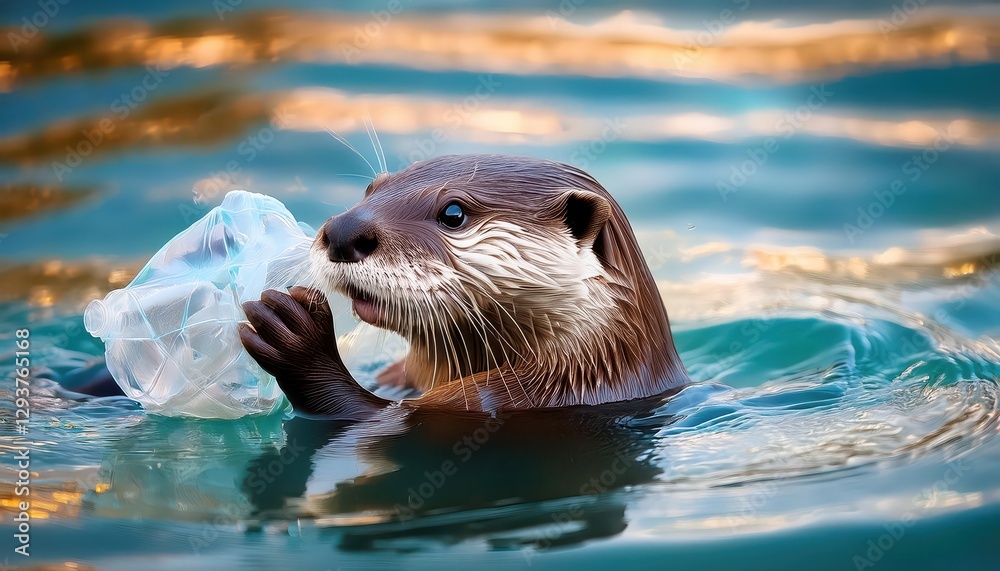 Fototapeta premium Otter Grimly Gripping Plastic Waste Amidst Watery Wasteland A Heartrending Portrayal of Pollution and its Devastating Impact on Marine Life.