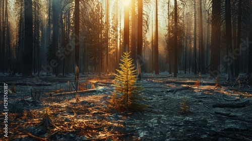 New vegetation sprouts in forest following wildfire devastation, signifying nature s resilience photo
