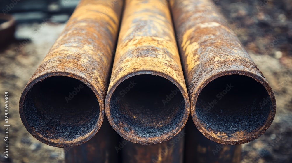 Rusty Industrial Pipes with Close-Up Detail on Corroded Surface Rusty Industrial Pipes with Close-Up Detail on Corroded Surface