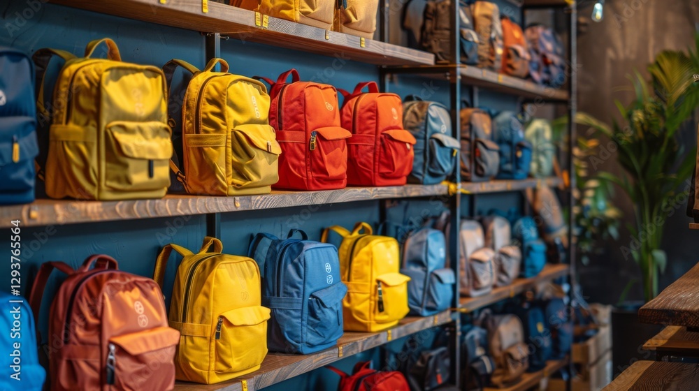 Fototapeta premium Various vibrant backpacks in multiple colors are organized on wooden shelves in a retail space. The atmosphere is bright and inviting, showcasing a trendy selection.