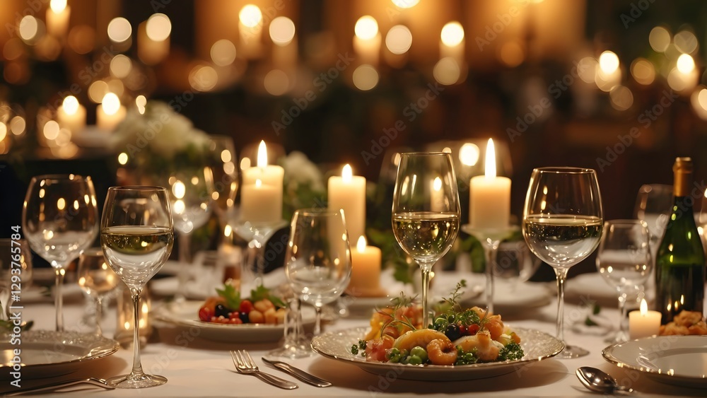 Christmas dinner table setting with wine glasses and festive decorations Christmas dinner table setting with wine glasses and festive decorations