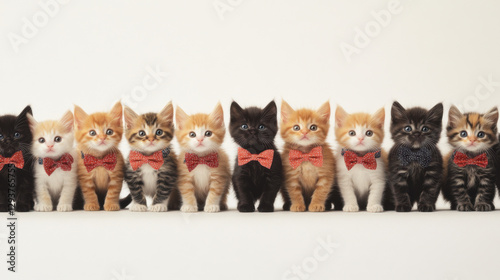A heartwarming scene of thirty kittens wearing festive costumes like tiny bow ties