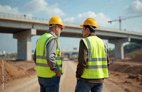 Two engineers in safety vests stand discuss construction site. Asian architect, mature supervisor meet, discuss plan for expressway building. They are working together as team on industrial project.
