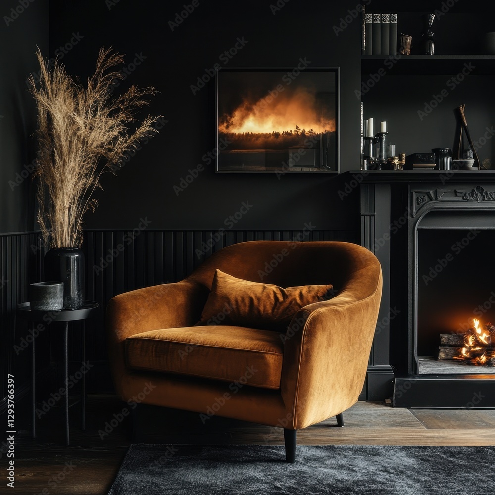 A comfortable chair a fireplace and a picture A comfortable chair a fireplace and a picture