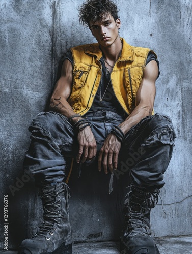 Dramatic Urban Fashion: A muscular model in a yellow vest and distressed jeans, posing against a textured wall for edgy style inspiration.