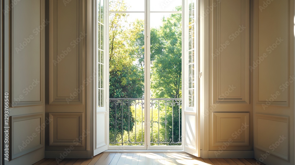 Fototapeta premium Open Balcony Door with Green Trees View From Elegant Interior