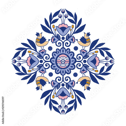 Folk art, illustration with birds and floral ornament, blue and yellow textured design for textile, wrapping paper, wallpaper, postcard, embroidery, poster.
