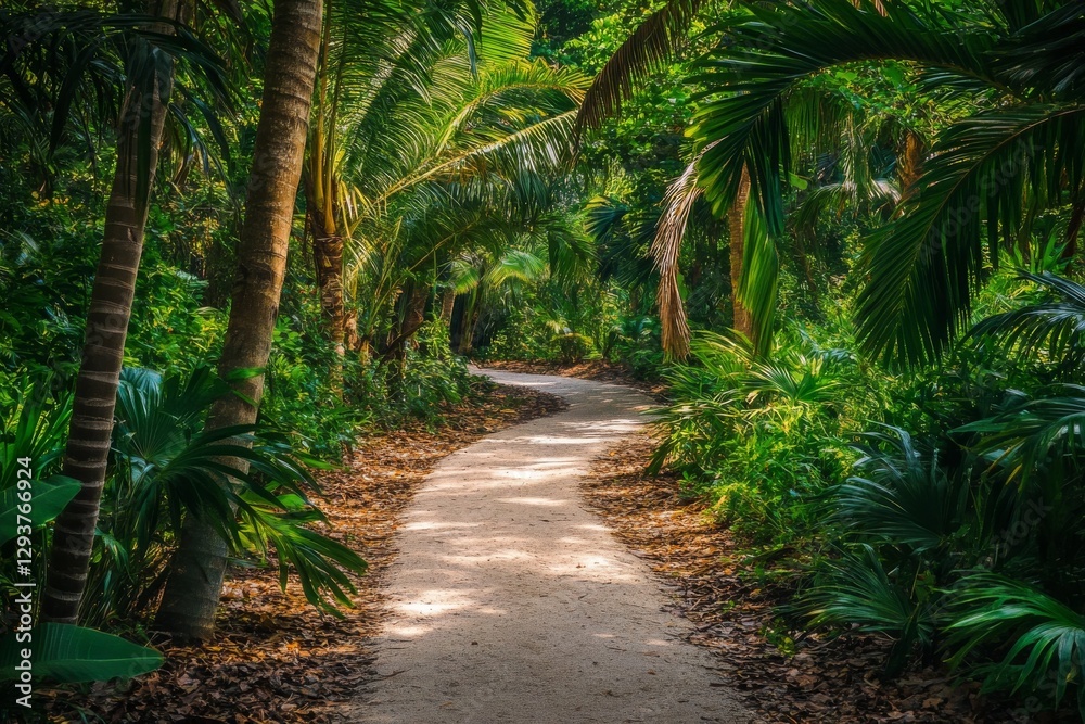 winding path through lush tropical green forest, generative AI winding path through lush tropical green forest, generative AI