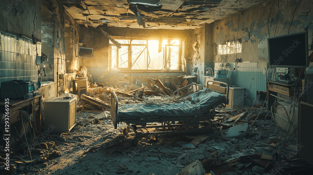 A destroyed hospital after a major disaster, with collapsed walls, overturned medical equipment, and doctors desperately trying to help injured victims amidst the chaos and devastation. A destroyed hospital after a major disaster, with collapsed walls, overturned medical equipment, and doctors desperately trying to help injured victims amidst the chaos and devastation.