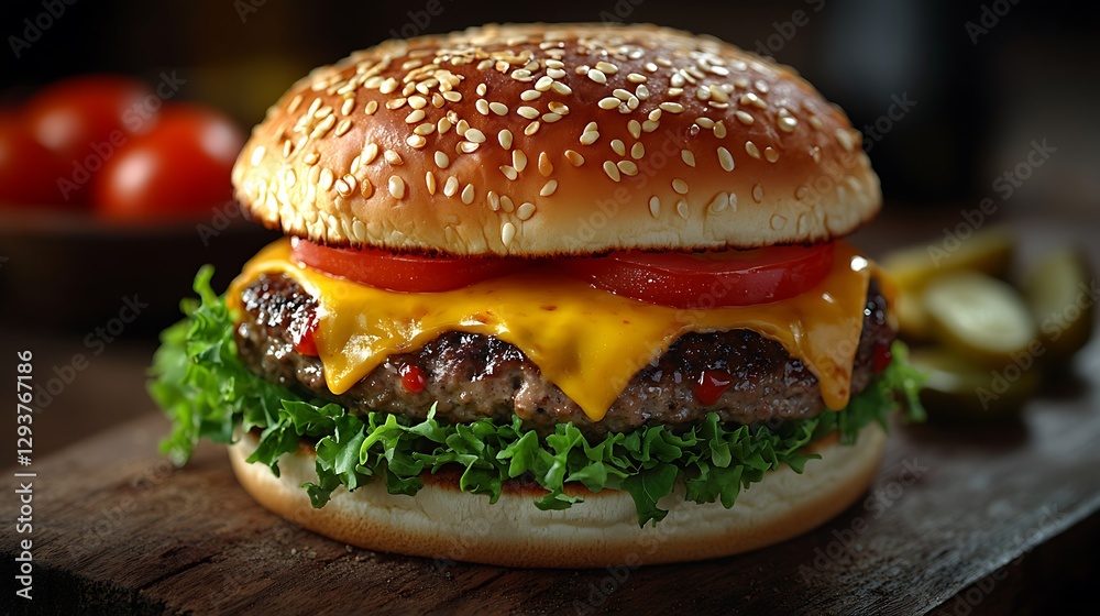 Artistically styled ultra-realistic studio photography featuring a classic cheeseburger, highlighting melted cheddar cheese, crisp fresh lettuce, sliced tomatoes, pickles, ketchup, mustard, Artistically styled ultra-realistic studio photography featuring a classic cheeseburger, highlighting melted cheddar cheese, crisp fresh lettuce, sliced tomatoes, pickles, ketchup, mustard,