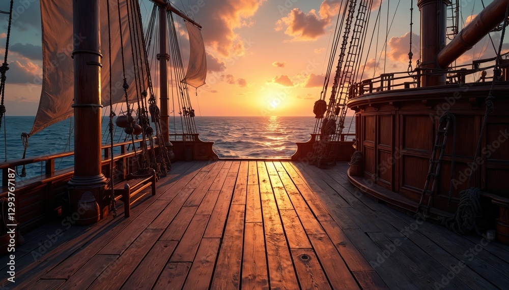 Naklejka premium Sunset view from empty wooden pirate ship deck. Seascape with calm sea at horizon. Old sailing frigate, vintage boat. Nautical travel, adventure, vacation background. Retro sailboat sailing towards
