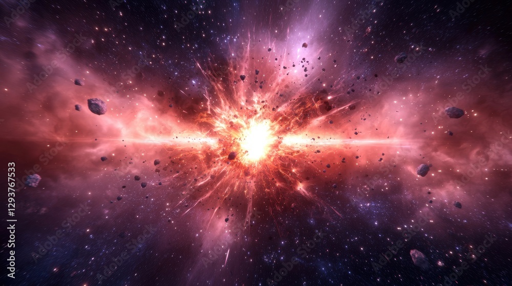 Naklejka premium Intense Cosmic Battle in Deep Space with Explosive Energy and Celestial Debris Presenting Chaos