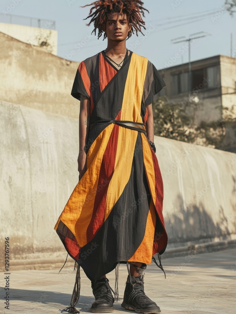 Vibrant Fashion Portrait: A model showcases a striking black, red, and yellow dress with modern street style elements for editorial use. Vibrant Fashion Portrait: A model showcases a striking black, red, and yellow dress with modern street style elements for editorial use.