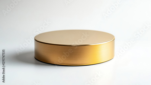 Shiny gold round pedestal display, isolated on a white background