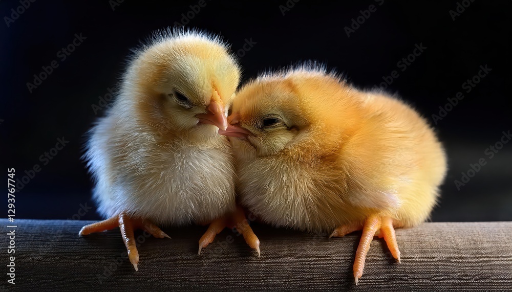 Two Sleepy Newborn Yellow Chickens Nestled in a Cozy Barn on a Dusty Morning, Capturing the Quiet Calm and Innocence of Early Farm Life with Warm Light Streaming In. Two Sleepy Newborn Yellow Chickens Nestled in a Cozy Barn on a Dusty Morning, Capturing the Quiet Calm and Innocence of Early Farm Life with Warm Light Streaming In.